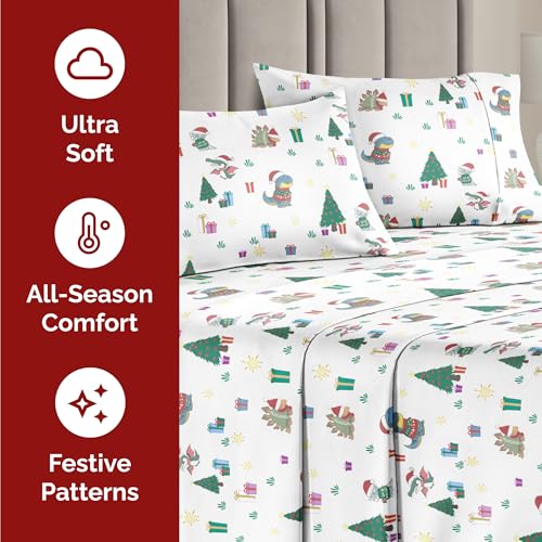 Twin Christmas Dinos Sheet Set - Holiday Xmas Pattern Bedding Set - Deep Pockets - Snug Fit - 3 Piece - Wrinkle Free & Easy Care - Comfy Festive Winter - Holiday Sheets for Women, Men, Kids & Teens