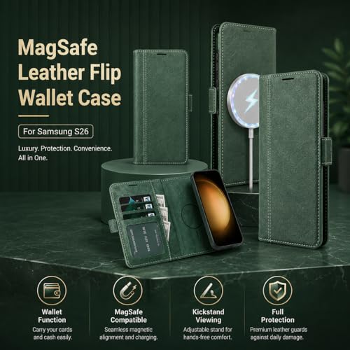 Image of FASHINA S26 Leather Flip Wallet Case with Magnetic Closure, Card Holder Slots, Shockproof Inner Cover, Premium Leather Finish for Complete 360 Protection Green