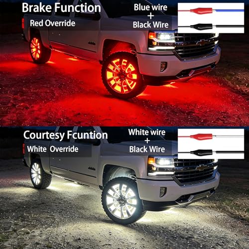 Image of Ultra-Bright 4PCS 17 inch Double Row RGB+ White Wheel Lights for Truck Car,APP & RF 4-Zone Control Wheel Weel Ring Rim Lighting kit with Music Sync Dynamic Modes,Brake & Courtesy Function,2592 LEDs