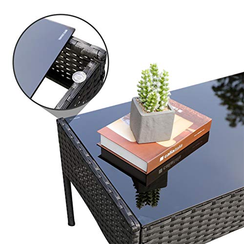Viewee 4 Pieces Outdoor Patio Furniture Sets Rattan Wicker Patio Set with 2 Cushioned Chairs (Blue Cushion) & A Double Sofa & 1 Glass Top Patio Table