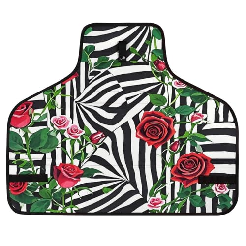Delantal de trabajo con flores y tiras negras y blancas miniatura 1