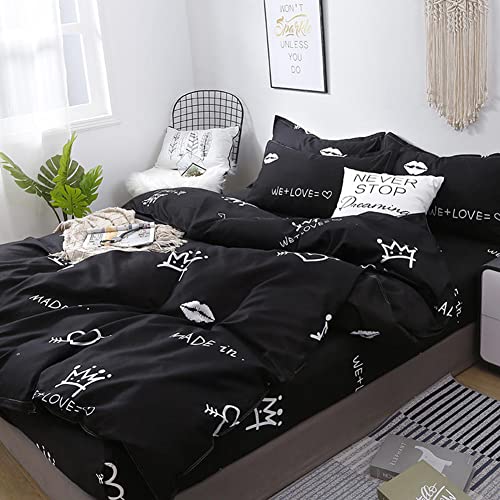 Vefadisa Love Crown Duvet Cover Sets Twin Size Black 4Pcs Reversible Crown Heart Printed Comforter Cover Zipper Closure Microfiber Cotton Bedding Sets For Teens Boys Girls Gift (No Comforter) #TOP1