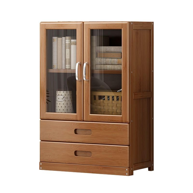 LITFAD 2-Tier Freestanding Bookcase with Glass Doors Bamboo Bookshelf with 2 Drawers Modern Display Storage Cabinet for Bedroom, Living Room, Office,