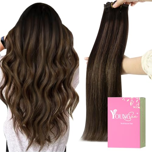 Image of YoungSee 135G Clip in Hair Extensions Human Hair Brown Balayage Clip in Extensions Real Human Hair Dark Ombre Medium Brown Hair Extension Clip ins for Women 18Inch 7Pcs