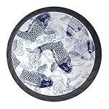 Blue Fish Carp Koi Wave Pattern Kitchen Cabinet Knobs Round Decorative Knobs Cabinet Closet Drawers Dresser Pull Handle 4PCS