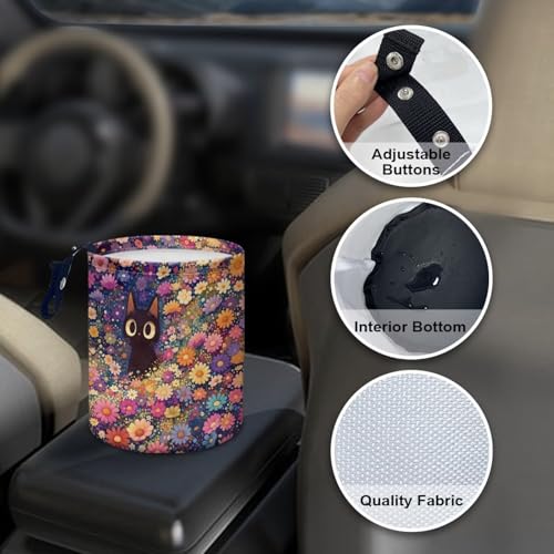 Image of Colorful Floral Cat Car Trash Can Collapsible Waste Basket Bin Multipurpose for Car Hanging Portable Garbage Bin Universal