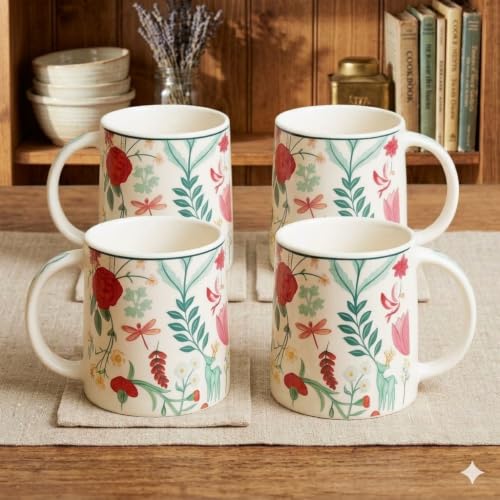 Image of Alive Multi Color Flowers Tea /Coffee Mug Set of 4 (300 ml) | Microwave & Dishwasher Safe |Premium Ceramic Mugs for Home, Office & Gifting