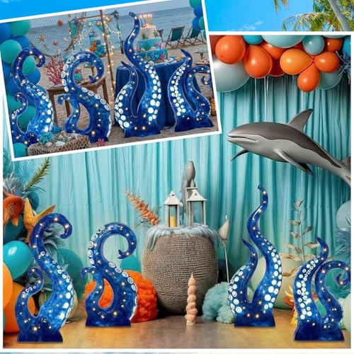 Image of DoubleFill 4 Pcs 26-39 Inch Lighted Octopus Arms Cardboard Cutout with Light Under the Sea Ocean Theme Party Decorations Stand up Aqua Animal Photo Props Back Drops for Party Decor