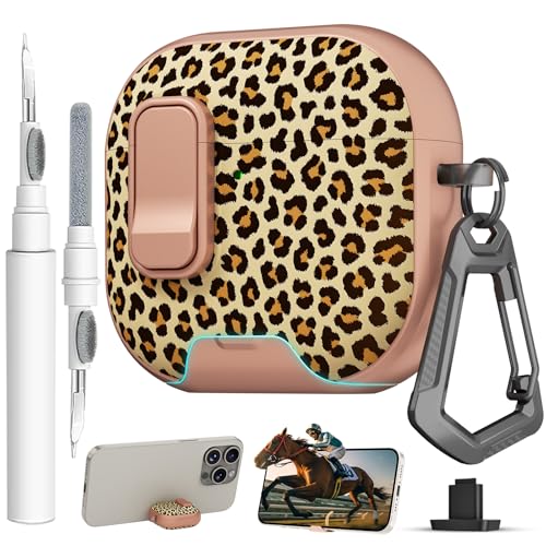 Image of for AirPods 4 Case with Safty Lock & Phone Stand,Cute Floral Pattern Style | PC & TPU Dual Layer Protective Cover with Keychain & Cleaner Pen for Apple AirPod 4th Generation 2024 Women (Leopard Print)