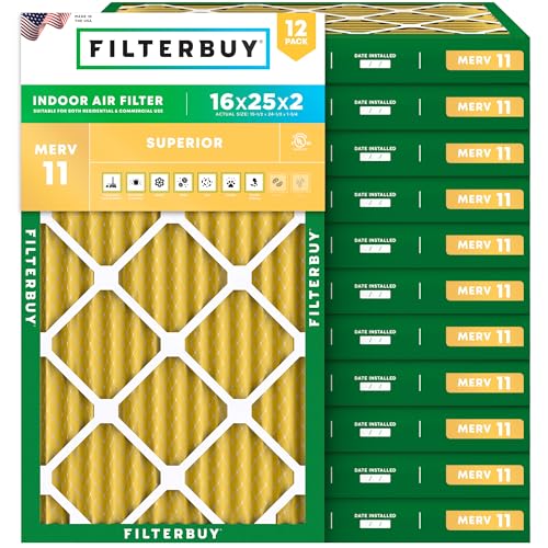 Filterbuy 16x25x2 Air Filter MERV 11 Allergen Defense (12-Pack), Pleated HVAC AC Furnace Air Filters Replacement (Actual Size: 15.50 x 24.50 x 1.75 Inches)