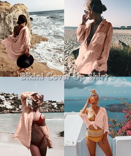 Image of Zoye Chen Women's Bikini Swimsuit Cover Up Button Down V Neck Shirts Long Sleeve Blouse Beachwear Bathing Suit