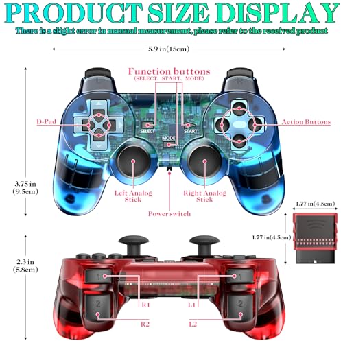 Image of Degulan Wireless Controller Compatible with PS-2 Console, Remote Gamepad for Play 2 (ClearRed and ClearBlue)