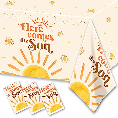 Image of CMUSKO 3Pcs Here Comes The Son Tablecloths-Boho Sun Boy 1st Birthday Party Supplies Retro Sunshine Disposable Plastic Table Covers,Here Comes The Son Baby Shower Decorations