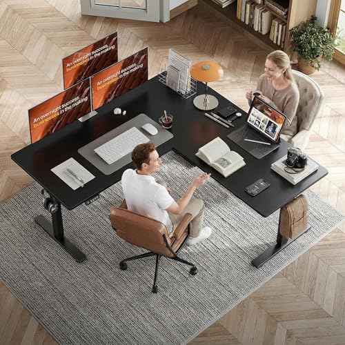 Image of Grandder 63 x 55 Inch L Shaped Standing Desk, Electric Height Adjustable Corner Stand Up Desk, Sit Stand Corner Table Home Office Table, Black Top Black Frame
