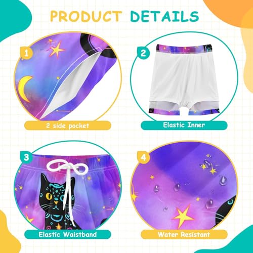 Boy Swim Trunks with Compression Liner Black Cats Stars Boys Swim Shorts Quick Dry Beach Shorts4
