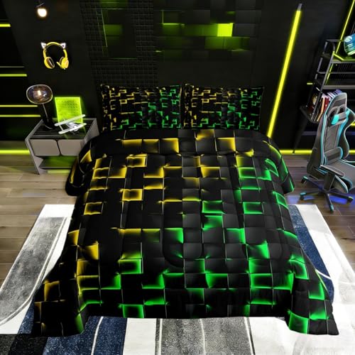 Image of Erosebridal Geometric Checkered Comforter Set Toddler Neon Yellow Green Bedding Set for Kids Boys Teen Gamer Room Decor,Abstract Ombre Plaid Comforter Grids Quilt Duvet Black