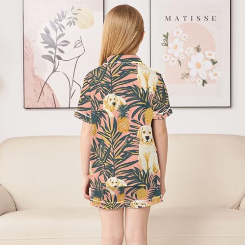 ALAZA Palm Leaves Pineapple Dachshund Dog Satin Pajamas Set Short Sleeve Button Down Sleepwear Summer Pjs 2 Piece4