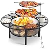 ONBRILL 2-in-1 47 Inch Fire Pit with 2 Swivel Cooking Grills, Outdoor Wood Burning Firepit with Poker for BBQ, Bonfire, Picnic, Party, Round Metal Fire Pit for Outside, Backyard, Patio