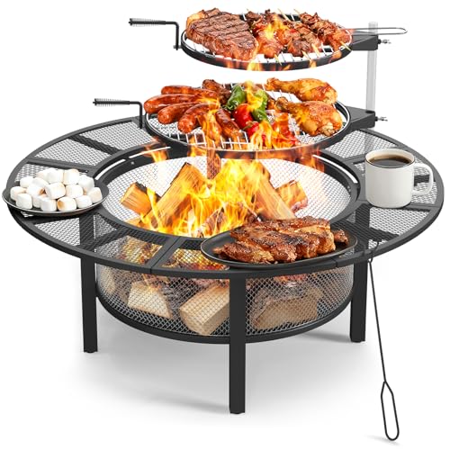 ONBRILL 2-in-1 47 Inch Fire Pit with 2 Swivel Cooking Grills, Outdoor Wood Burning Firepit with Poker for BBQ, Bonfire, Picnic, Party, Round Metal Fire Pit for Outside, Backyard, Patio
