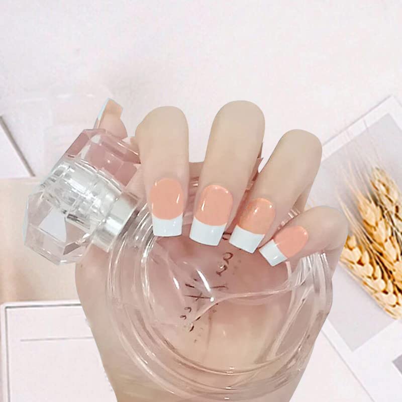 Secret Lives Acrylic Reusable Press on Nails Designer Artificial Nails Extension Skin Color with White Tips Design 24 Pieces Set with Kit