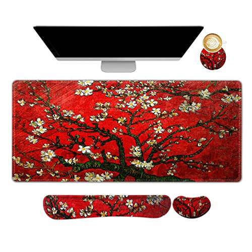 Image of ArtSo Large Gaming Mouse Pad, Keyboard Wrist Rest Pad & Wrist Support Mousepad Set, Stitched Edge, Extended, Non-Slip Base, Memory Foam Desk Mat 4pcs for Office & Home, Red Van Gogh Painting