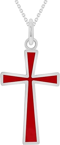 Collar con colgante de cruz en plata de ley, esmalte rojo, azul o negro, fabricado en Estados Unidos