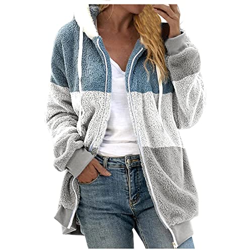 Fuzzy Fleece Jackets for Women Plus Size Hoodies Fall Winter Coats Color Block Patchwork Cardigan Coat with Pockets