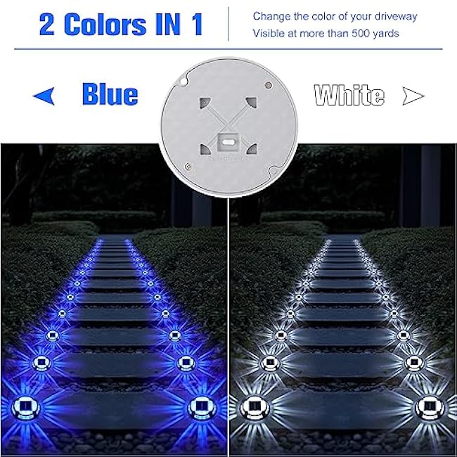 VOLISUN Solar Driveway Deck Lights Dock Marine Lights,12 Pack Solar Ground Light 2 Colors in 1 led Waterproof,Driveway Marker Light for Pathway Warning Step (White/Blue)