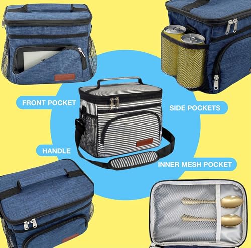 Image of ExtraCharm Insulated Lunch Bag for Women /Men - Reusable Lunch Box for Office Picnic Hiking Beach - Leakproof 12-Can Coke Cooler Tote Bag Organizer with Adjustable Shoulder Strap for Adults - Stripe