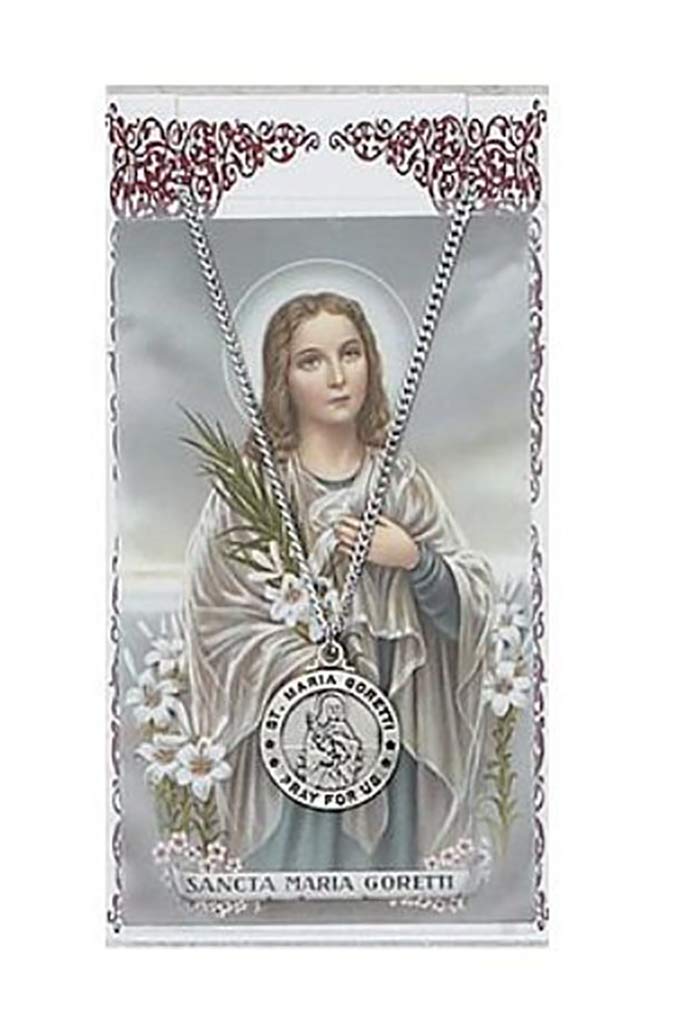 McVanSaint Maria Goretti Pewter Medal Necklace with Holy Card, 3/4 Inch