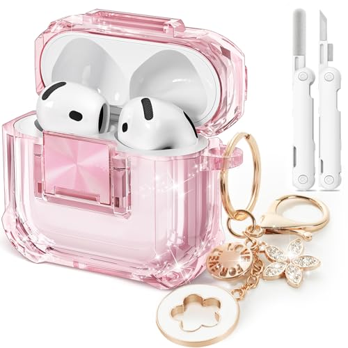 Image of for Airpods 4 Case with Safety Lock,Clear Case Soft TPU Shock-Proof Protective Cover with Cute Bling Keychain and Cleaner kit for Women Girls-Clear Pink