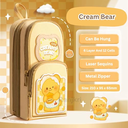 Image of 6 Layer with 3 Compartment Premium Canvas Pencil Pouch for School Girls and Boys, Cute Aesthetic Stationery Items Kit Case, Large Capacity Stationary Pencil Box for Kids Gifts (Cream Bear)