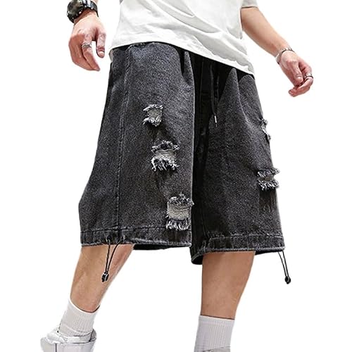 BESKWJE Mens Jean Shorts Relaxed Fit Y2k Ripped Denim Shorts Summer Loose Fit Hip Hop Wide Leg Streetwear Jorts Black Large
