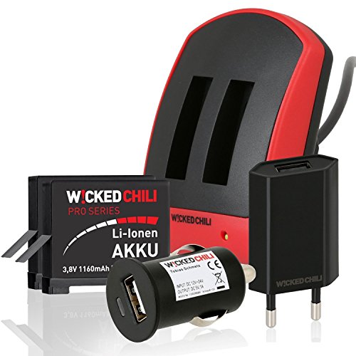 Wicked Chili 5529a - Kit de Cargador y baterías para GoPro Hero 4 (2 baterías, Adaptador para Coche, Cable USB - Micro USB), Negro