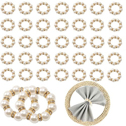 Spalivivre 100Pcs Pearl Napkin Rings, Delicate Pearl Napkin Ring Holder, Elegant Imitation Beaded Serviette Rings Buckle for Wedding Reception Party Banquet Dinner Table Decor and Use (Golden, Medium)