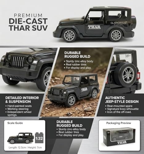 Image of Mahindra Thar 4x4 Toy Car 1:32 Die Cast Metal SUV Model Pull Back Vehicle with Opening Doors Rubber Tyres for Kids Gift Collectors (Black)