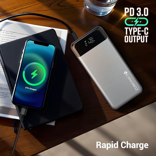 Image of ZEBRONICS EnergiPOD 27R3 Power Bank, 27000 mAh, 100W, PD 3.0 Type C, Rapid Charging, Outputs - Dual Type C | USB A, LED Display, Auto Protections, Flight Friendly, Made in India (Black+Grey)