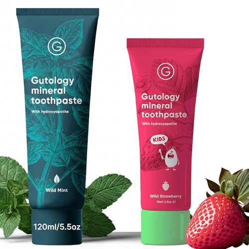 Gutology Kids & Adult Multipack - Family Hydroxyapatite Microbiome Friendly Fluoride Free Toothpaste Bundle - 1 x 120ml Adults (Mint) & 1 x 75ml Kids (Strawberry)