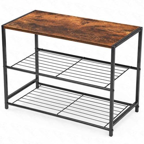 Image of Lukzer 3-Tier Shoe Rack with Wooden Shelf & Metal Shoe Organizer | Space-Saving Open Storage Shelf for Daily Footwear, Books & Indoor Plants Multipurpose Rack for Home (Black & Oak /63 x 43 x 30 cm)