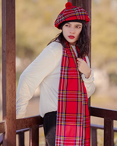 Image of Scottish Tam O' Shanter Hat Tartan Bonnet Pom Pom Wool Flat Cap One Size