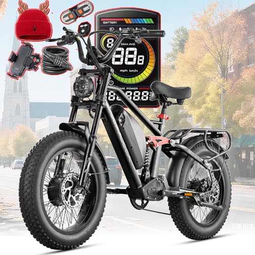 eAhora Terra 2 [2025] Dual Motors Electric Bike for Adult, 3000W Peak, 33MPH, 80 Miles Long Range E-bike, 20 Inch Fat Tires, Full Suspension Mountain E-bike, LCD Display, Commute, Delivery, Men, Women