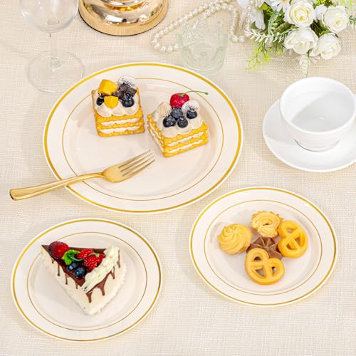 Image of I00000 200 Pcs Gold and Ivory Plastic Plates, Ivory Disposable Party Plates Include 100 Dinner Plate 10'' and 100 Plastic Dessert Plate 7'' Perfect for Birthday, Party & Wedding