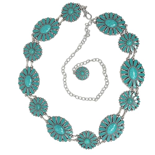 Urbalabs Western Belts For Woman Chain Agate Teal Stone Concho Western Belt Cowgirl Belt Chain Belt For Women Style One Size - Main Image