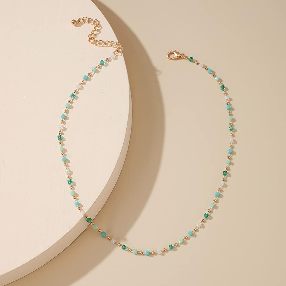 JWICOS Dainty Beaded Choker Necklace for Women Boho Emerald Cubic Beaded Necklace for Summer Beach - Image 3