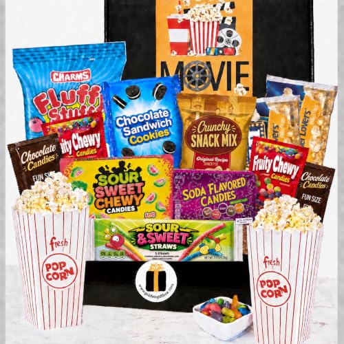 Deluxe Movie Night Gift Includes Popcorn Buckets, Popcorn, Theater Size Snacks - Perfect for College Students, Teens, Men, Kids, Date Night, Birthday (Deluxe)