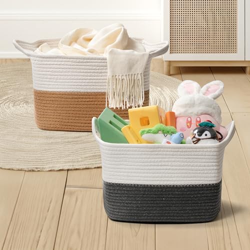 Image of Effectyou Modern Cotton Rope Storage Baskets with Handles - Woven Organizing Bins for Laundry, Toys, Blankets & Bathroom Storage, Home Decor, Gift Basket Set of 2 (13 x 10 x 9 Inches)