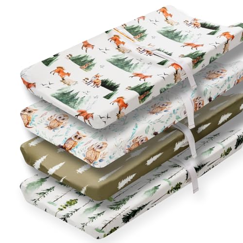 Image of 4 Pack Changing Pad Covers Woodland Forest Animals Wood Neutral Unisex Fitted Baby Changing Pad Cover Set for Baby Boys or Girls (Paint Fox)