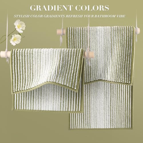 Bathroom Rugs and Mats Sets, 2 Piece Thick Absorbent Chenille Bath Mat Rug Set Non Slip, Soft Shaggy Bath Room Floor Mats for Bathroom, Machine Washable (Linden Green, 20" x 32" Plus 16" x 24")