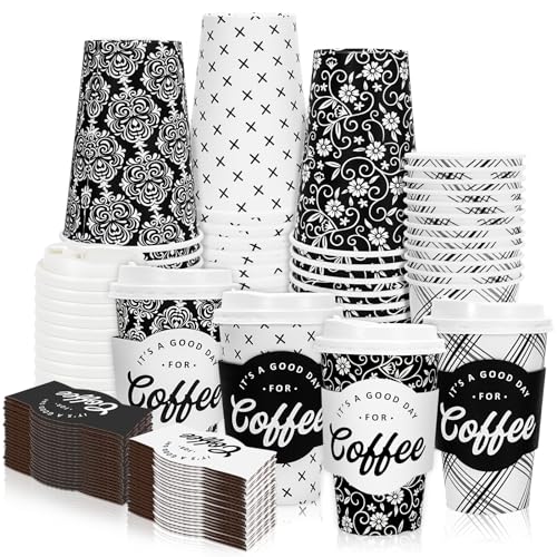 Whaline 100 Pack Modern Disposable Coffee Cups with Lids and Sleeves Black White Simple Paper Drinking Cups for Wedding Birthday Party Supplies