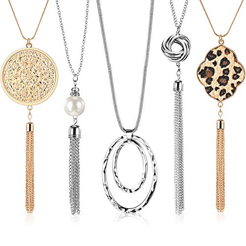 5 Pieces Tassel Long Necklaces for Women Knot Disk Tassel Stateme...